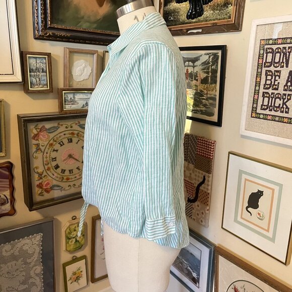Chicos Aqua & White 100% Linen Stripe Button-Front Blouse Size 2 - Picture 2 of 7